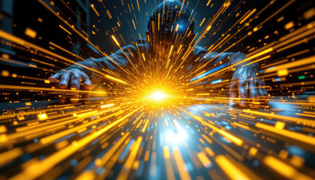 A captivating scene depicting a dynamic explosion of energy with illuminated particles, creating an abstract representation of creativity and innovation.の素材