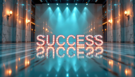 An artistic representation of the word "SUCCESS" illuminated with bright lights, set in a chic and modern venue. The polished reflective floor enhances the ambiance, symbolizing achievement and aspiration for personal and professional growth.の素材