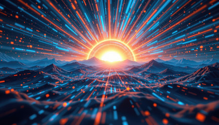This captivating digital artwork showcases a vibrant sunrise over a majestic mountain landscape, radiating dynamic light effects and rich colors.の素材