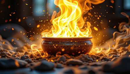 A mesmerizing display of vibrant flames erupting from an ornate bowl, surrounded by scattered rocks and soft light, creating a warm and enchanting atmosphere.の素材