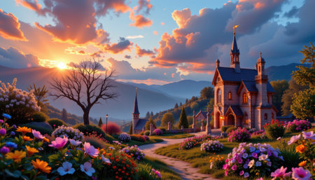 A breathtaking scene captures a quaint chapel at sunset, surrounded by colorful flowers and majestic mountains, evoking a sense of peace and tranquility.の素材