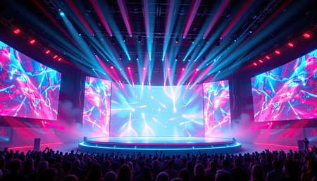 Captivating scene of a concert stage filled with vibrant lights and visuals, creating an electrifying atmosphere for a dynamic audience at a major event.の素材