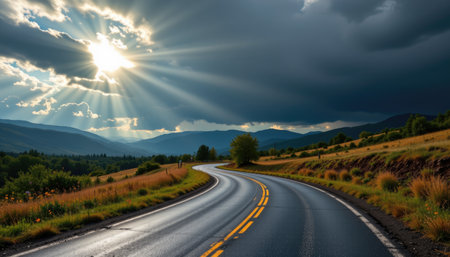 A beautiful winding road sets the scene through picturesque hills, under a magnificent cloudy sky with sunlight breaking through. Perfect for travel themes.の素材