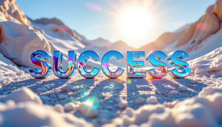 A vibrant 3D text spelling "SUCCESS" stands out against a snowy landscape, illuminated by a bright sunrise. The scene conveys positivity and inspiration for achieving dreams.の素材