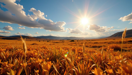 Experience the breathtaking beauty of a vibrant sunset illuminating rolling hills, adorned with bright orange flowers under a clear blue sky.の素材