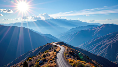 This breathtaking image captures a winding road through a stunning mountain landscape, illuminated by bright sunlight. The serene atmosphere invites adventure and exploration.の素材
