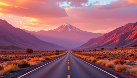 A breathtaking view of a winding road cutting through a vast desert landscape, with a majestic mountain backdrop illuminated by a warm sunrise. The colorful sky enhances the serene atmosphere, inviting travelers to explore the beauty of nature.の素材