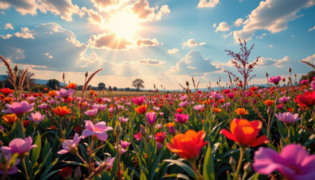 Beautiful flower field filled with vibrant colors, illuminated by sunlight and framed by fluffy clouds, creating a serene outdoor landscape.の素材