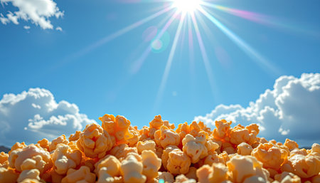 A vibrant scene featuring a heap of freshly popped popcorn against a stunning blue sky filled with fluffy clouds and brilliant sunlight, perfect for showcasing snacks and outdoor fun.の素材