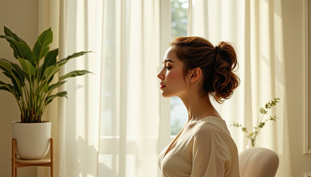 A serene portrait of a woman in profile, immersed in soft light from a window, enhancing the atmosphere of relaxation and mindfulness in a minimalist room.の素材