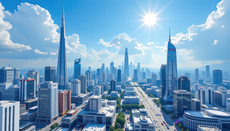 A breathtaking view of a sprawling urban skyline showcasing impressive skyscrapers reaching high into a vibrant blue sky filled with fluffy clouds.の素材