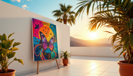 A stunning butterfly painting brightens up an outdoor space at sunset, surrounded by tropical plants and a picturesque landscape, offering an artistic escape.の素材