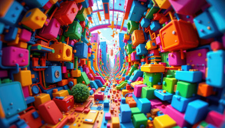 This vibrant abstract artwork features a mesmerizing cityscape filled with colorful blocks and 3D shapes, creating a playful and imaginative atmosphere.の素材