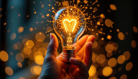 A captivating image of a hand holding a light bulb featuring a heart-shaped filament, surrounded by shimmering sparks and a soft bokeh background, radiating creativity and warmth.の素材
