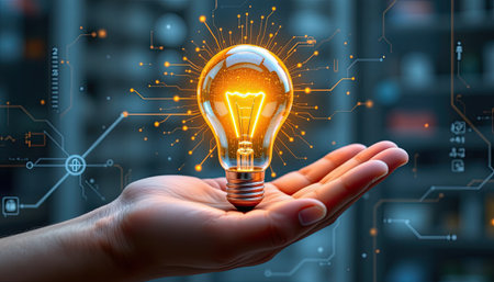 A vibrant light bulb held in a hand symbolizes innovation and creativity, set against a backdrop of digital elements reflecting modern technology trends.の素材