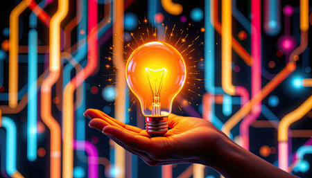 A hand elegantly holds a glowing light bulb surrounded by vibrant colors and abstract circuit designs, symbolizing creativity and innovation.の素材