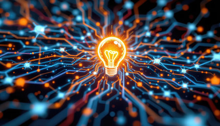 This image features a glowing light bulb at the center, surrounded by an intricate network of vibrant digital connections, symbolizing creativity and innovation in technology.の素材