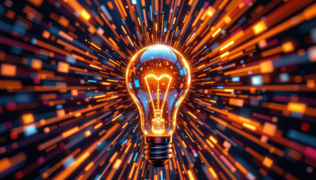 A glowing light bulb emits vibrant sparks and colorful flashes, creating a dynamic and energetic composition against a dark background. Perfect for creative projects.の素材