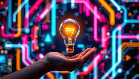 A close-up of a hand holding a glowing light bulb, set against a vibrant, abstract background of electric circuits. This image symbolizes innovation and creativity in technology.の素材