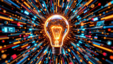 A captivating image of a light bulb radiating with sparks, set against a backdrop of colorful motion blur, symbolizing innovation and creative energy.の素材