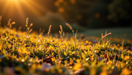 Captured during golden hour, this image features wild grass and delicate flowers basking in soft sunlight, creating a serene and vibrant outdoor scene.の素材