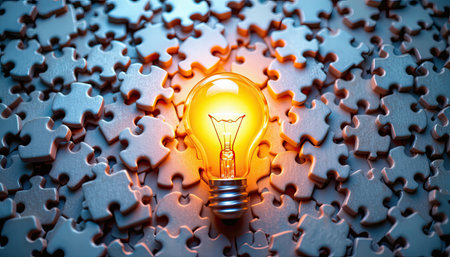 A light bulb illuminates a sea of jigsaw puzzle pieces, symbolizing innovative ideas and problem-solving strategies, showcasing creativity and insight.の素材