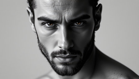 A captivating black and white portrait of a young man showcasing his striking facial features and intense expression, perfect for artistic projects.の素材