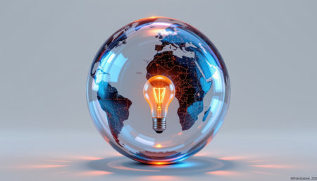 Artistic representation of a light bulb inside a globe, symbolizing innovation and global energy solutions. The design highlights creativity and illumination in a modern context.の素材