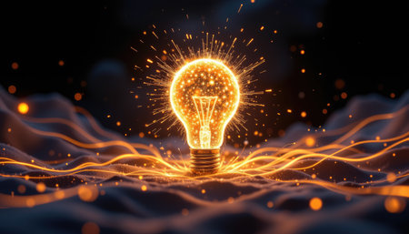 A striking image of a glowing light bulb surrounded by dynamic sparks and waves creates a captivating atmosphere emphasizing innovation and inspiration.の素材