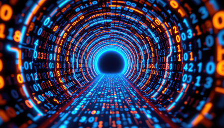 A stunning abstract representation of a digital tunnel filled with vibrant glowing numbers and lines, symbolizing the flow of information in technology.の素材