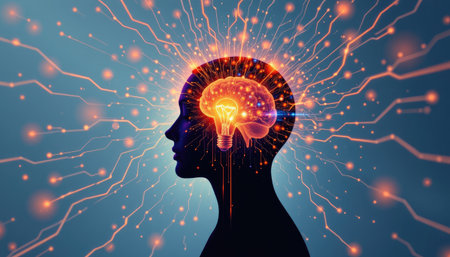 This image showcases a creative silhouette of a human head, filled with a glowing brain and light bulb, representing innovation and the power of ideas amidst a vibrant blue backdrop.の素材