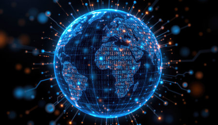 This image showcases a futuristic digital globe, featuring glowing data connections and binary codes. It highlights the concept of global communication and technology.の素材