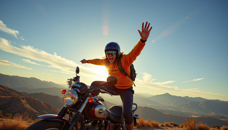 A joyful biker poses on a motorcycle against a stunning mountain backdrop at sunset. The image captures a sense of freedom, adventure, and excitement.の素材
