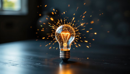 A beautifully captured image of a sparkling light bulb on a dark surface, radiating energy and creativity. Perfect for inspiration and innovative ideas.の素材