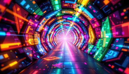 This stunning image showcases a vibrant neon tunnel filled with abstract patterns, leading to a bright light at the end, evoking a futuristic atmosphere.の素材