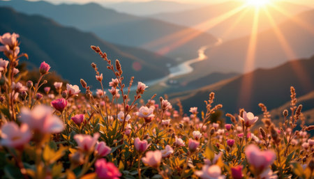 A breathtaking sunrise casts warm rays over a vibrant meadow filled with blooming flowers, framed by distant mountains and a shimmering river.の素材