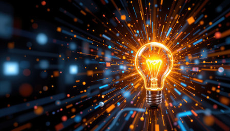 An eye-catching image of a glowing light bulb surrounded by vibrant sparks and colorful rays, set against a dark background, symbolizing innovation and creativity.の素材