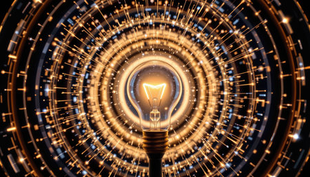 This captivating image features a light bulb at the center, encompassed by vibrant sparks and circular patterns, creating an energetic atmosphere.の素材