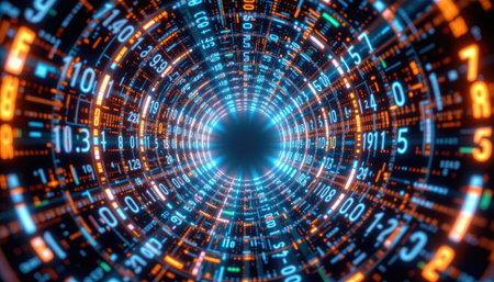 This striking image features a vibrant tunnel composed of glowing digital data streams. Bright numbers and symbols emerge in blue and orange hues, creating a futuristic and dynamic visual experience.の素材