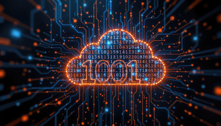 This vibrant digital artwork features a cloud symbol surrounded by glowing binary code and connected circuits, representing the future of data transfer and technology.の素材
