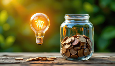This image features a light bulb hovering over a jar filled with coins, representing the connection between innovative ideas and financial growth in a vibrant natural environment.の素材