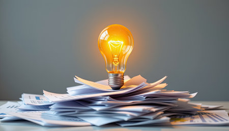 A glowing light bulb shines brightly atop a disorganized pile of business documents, representing creativity and innovation in a professional setting.の素材