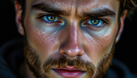This captivating close-up portrait showcases a male with striking blue-green eyes and a determined expression, highlighting intricate facial details and emotion.の素材