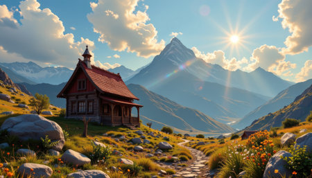 This breathtaking image showcases a charming cottage nestled in a vibrant mountain landscape, illuminated by the warm glow of sunrise, creating a tranquil and idyllic retreat.の素材