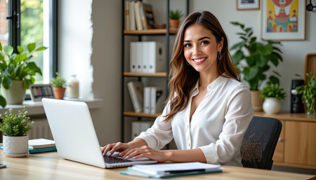 A professional young woman smiles while working on a laptop in a stylish office filled with natural light and greenery, showcasing productivity and joy.の素材
