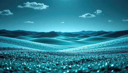 This captivating image features a tranquil blue landscape, showcasing rolling dunes under a clear sky dotted with soft clouds, creating a serene and peaceful atmosphere.の素材