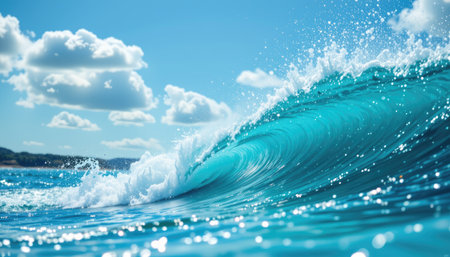 A stunning image of a turquoise ocean wave soaring under a bright blue sky. Fluffy white clouds scatter across the horizon, with sunlight reflecting on the water's surface, creating a serene and tranquil atmosphere, perfect for capturing the essence of nature's beauty.の素材