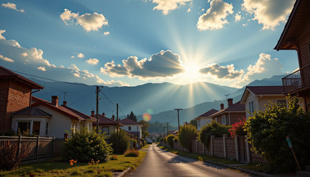 A picturesque sunrise illuminates a peaceful residential street, surrounded by lush greenery and mountains. The scene radiates tranquility and natural beauty.の素材