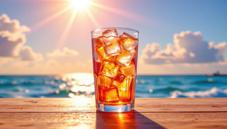 A vibrant glass filled with ice cubes and a refreshing beverage sits on a wooden table, capturing the essence of summer by the beach with sparkling ocean waves.の素材