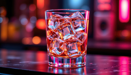 A close-up image of a whiskey glass filled with ice cubes, reflecting vibrant neon lights in a cozy bar setting, perfect for evening relaxation.の素材